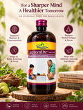 Dhootapapeshwar Saraswatarishta (Suvarna Samskarit) promotional banner featuring an Ayurvedic tonic for brain health for a sharper mind and a healthier tomorrow, highlighting benefits such as supporting memory and concentration, helping in better learning and focus, reducing mental fatigue and stress, and being made with authentic Ayurvedic ingredients, displayed alongside stacked books labeled Better Focus, Calmer Mind, and Brighter Future, a wooden bowl with herbs and fresh amla fruits | BodyStop
