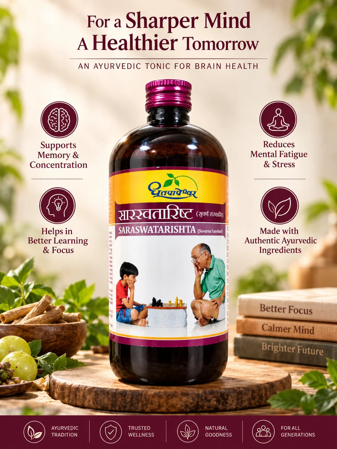 Dhootapapeshwar Saraswatarishta (Suvarna Samskarit) promotional banner featuring an Ayurvedic tonic for brain health for a sharper mind and a healthier tomorrow, highlighting benefits such as supporting memory and concentration, helping in better learning and focus, reducing mental fatigue and stress, and being made with authentic Ayurvedic ingredients, displayed alongside stacked books labeled Better Focus, Calmer Mind, and Brighter Future, a wooden bowl with herbs and fresh amla fruits | BodyStop