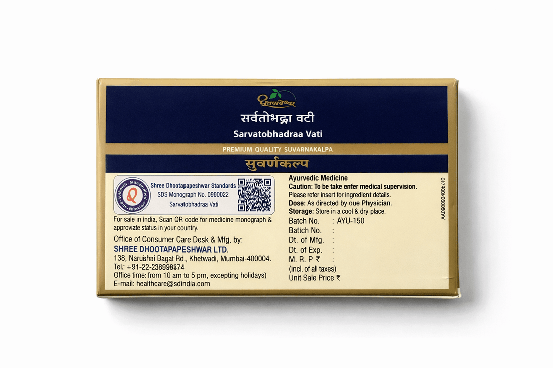 Dhootapapeshwar Sarvatobhadraa Vati tablets box packaging featuring the brand logo, product title in Hindi and English, and the text PREMIUM QUALITY SUVARNAKALPA | BodyStop