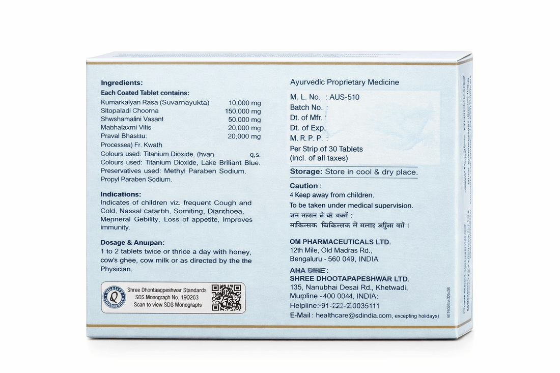 Dhootapapeshwar Shishu Bharan Rasa tablets box packaging featuring the brand logo, a graphic of a baby, product title in Hindi and English, and a net quantity of 30 tablets | BodyStop