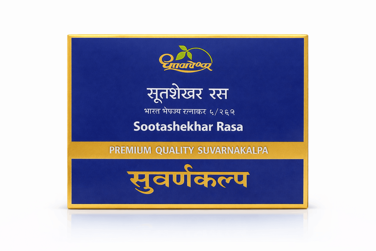 Dhootapapeshwar Sootashekhar Rasa box packaging featuring the brand logo, product title in Hindi and English, and the text PREMIUM QUALITY SUVARNAKALPA | BodyStop