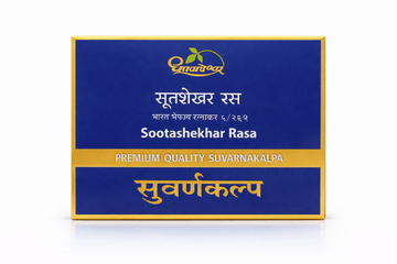 Dhootapapeshwar Sootashekhar Rasa box packaging featuring the brand logo, product title in Hindi and English, and the text PREMIUM QUALITY SUVARNAKALPA | BodyStop