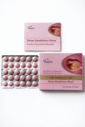 Dhootapapeshwar Stree Vyadhihari Rasa tablets packaging showing the product box, a Stree Vyadhihari Rasa product information booklet, and a blister pack containing pink tablets | BodyStop