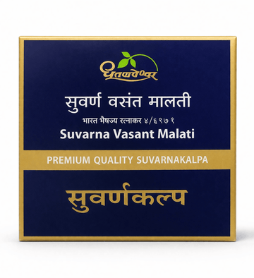 Dhootapapeshwar Suvarna Vasant Malati 10/30 tablets box packaging featuring the brand logo, product title in Hindi and English, and the text PREMIUM QUALITY SUVARNAKALPA | BodyStop