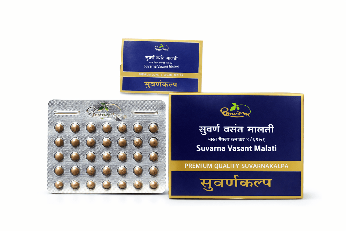 Dhootapapeshwar Suvarna Vasant Malti tablets packaging showing product boxes, a product booklet, and a blister pack containing golden-brown tablets | BodyStop