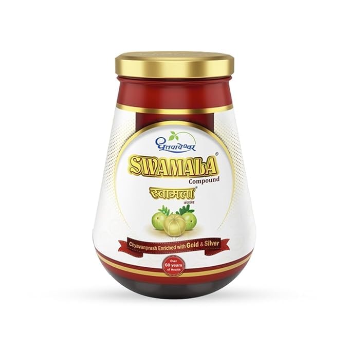 Dhootapapeshwar Swamala Compound jar with a golden lid and white label featuring English and Hindi titles (SWAMALA Compound / स्वामला कम्पाउंड), amla fruit illustrations, and a ribbon stating (Chyavanprash Enriched with Gold & Silver)  | BodyStop