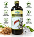 Dhootapapeshwar Ushirasava 450ml highlighting key benefits such as being 100% Ayurvedic, supporting digestive health, helping boost immunity, supporting liver function, helping in detoxification, and providing a natural and safe herbal formula, displayed alongside fibrous roots, ice crystals, green leaves, and the medicine bottle | BodyStop