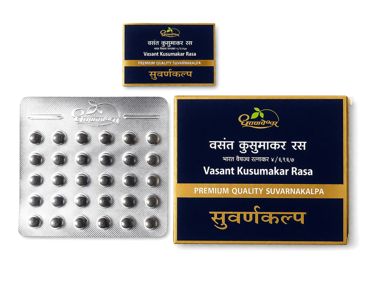 Dhootapapeshwar Vasant Kusumakar Rasa tablets packaging showing product boxes, a product booklet, and a blister pack containing dark round tablets | BodyStop