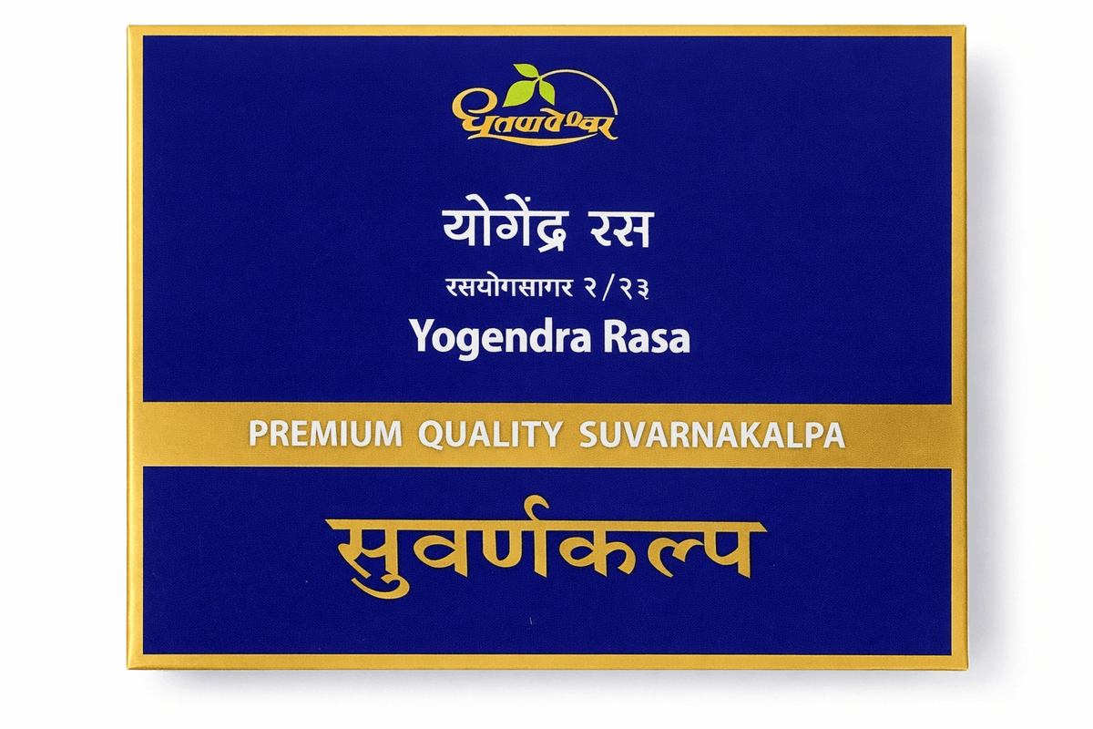 Dhootapapeshwar Yogendra Rasa Premium Quality Suvarnakalpa medicine box front packaging showing brand logo, product title in Hindi and English, and "Suvarnakalpa" branding | BodyStop