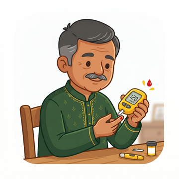 Illustration of an elderly man checking his blood sugar with a glucose meter, representing diabetes and blood sugar health | Ayurvedic diabetes and blood sugar control products from BodyStop