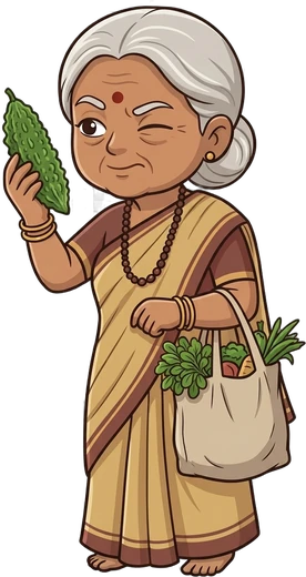 Dadi winking and holding up a karela with a bag of fresh vegetables