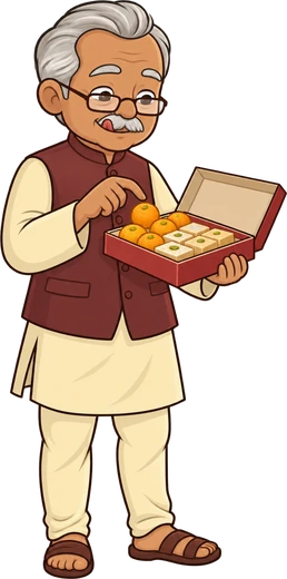 Dadaji eyeing a box of laddoo and barfi, tempted by sweets