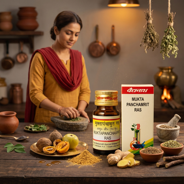 Illustration of a woman preparing traditional Ayurvedic herbs alongside Baidyanath Mukta Panchamrit Ras, spices, ginger, and herbal ingredients, representing digestive health, gut balance, and traditional Ayurvedic wellness | BodyStop