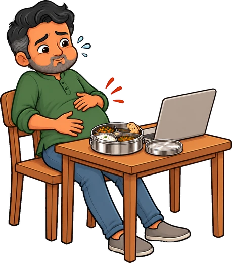 Arjun holding his bloated belly after a heavy lunch at his desk