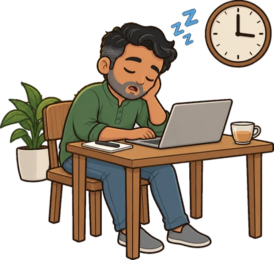 Arjun dozing off at his laptop in the afternoon with a cup of tea