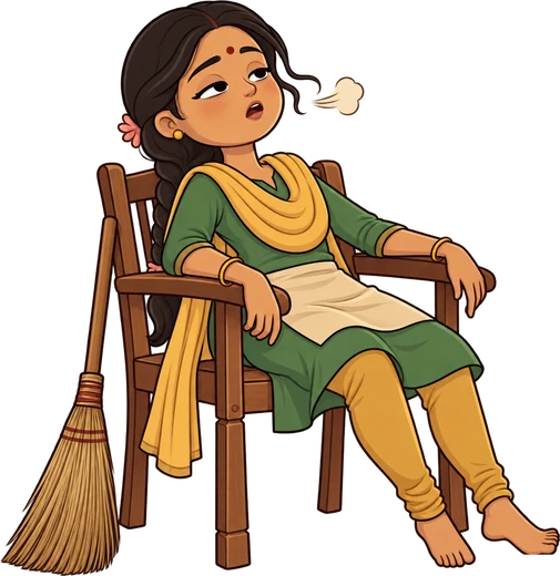 Meera slumped in a chair exhausted after housework, broom beside her