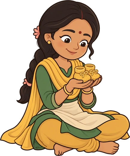 Meera smiling at a pair of tiny knitted baby booties