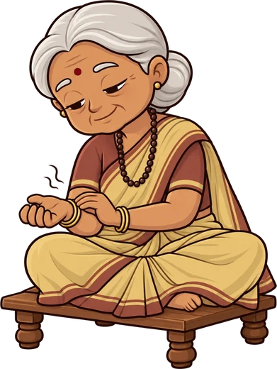Dadi checking the pulse on her wrist, Ayurvedic nadi pariksha