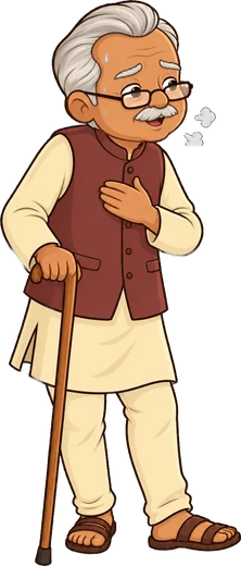 Dadaji out of breath on his walk, hand on his chest, leaning on his cane