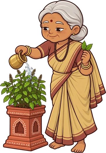 Dadi watering her tulsi plant with a brass lota
