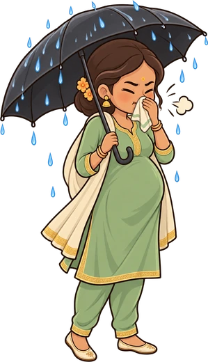 Kavya sneezing under an umbrella in the monsoon rain