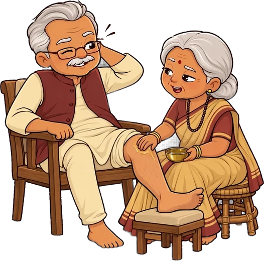 Dadi massaging warm oil into Dadaji's knee for joint pain
