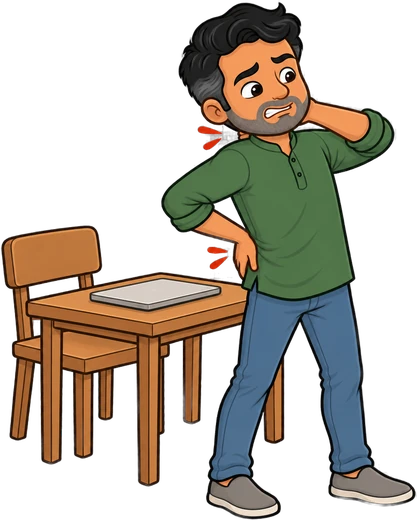 Arjun rubbing his stiff neck and lower back after long hours at the desk