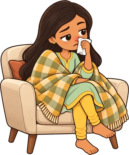 Riya wrapped in a checked blanket on an armchair, holding a tissue to her nose
