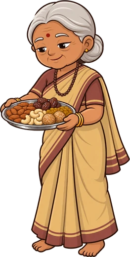 Dadi holding a plate of badam, kaju, dates and laddoo for a healthy child