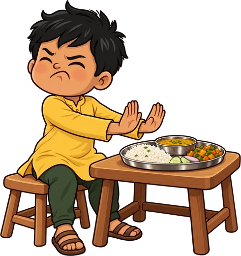 Chintu pushing away his plate of dal-chawal, a fussy eater at the table