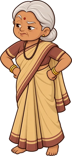 Dadi with hands on hips saying ab bas
