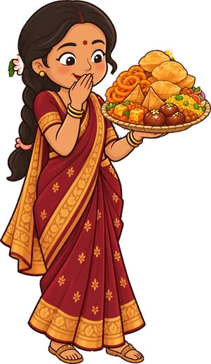 Meera at a wedding with an overloaded plate of puri, jalebi and sweets