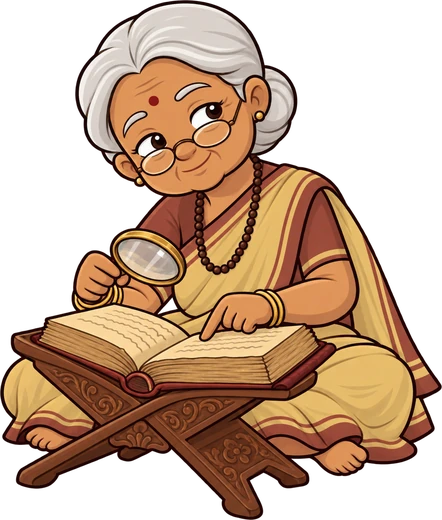 Dadi reading an old Ayurveda granth with a magnifying glass