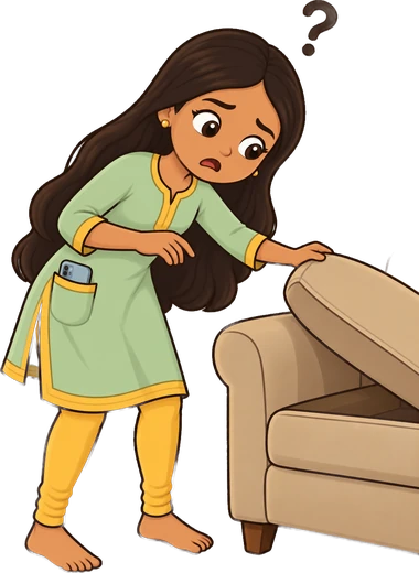 Riya searching under the sofa cushion for the phone in her own pocket