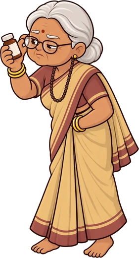 Dadi squinting at the label of a supplement bottle through her glasses