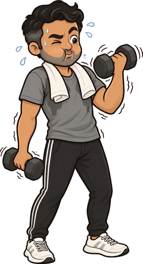 Arjun struggling with dumbbells, sweating, towel around his neck