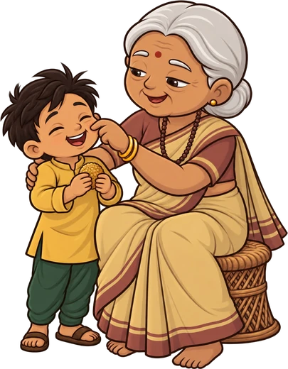 Dadi playfully pinching Chintu's cheek as he eats a laddoo