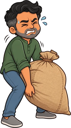 Arjun straining to lift a heavy sack of aata