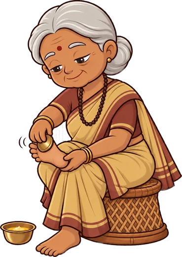 Dadi doing a kansa vati foot massage with ghee for nerve care