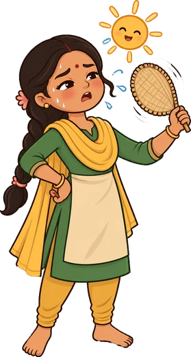 Meera sweating in the heat, fanning herself with a hand fan
