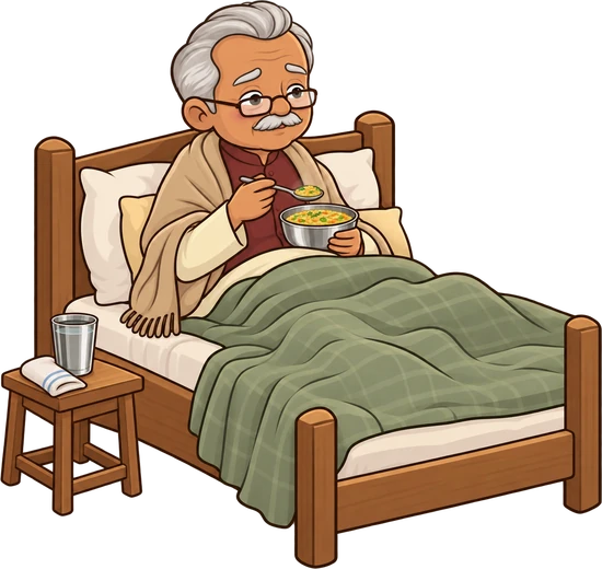 Dadaji recovering in bed, eating a bowl of khichdi under a warm blanket