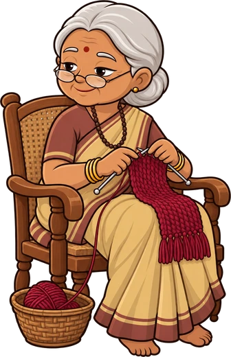Dadi knitting in her cane chair, looking over her glasses