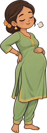 Kavya holding her lower back and pregnant belly with a tired smile