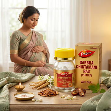 Illustration of a pregnant woman in a traditional Indian sari alongside Dabur Garbha Chintamani Ras (Vrihat) Ayurvedic herbs, flowers, spices, and a diya, representing pregnancy wellness, maternal care, and traditional Ayurvedic support | BodyStop