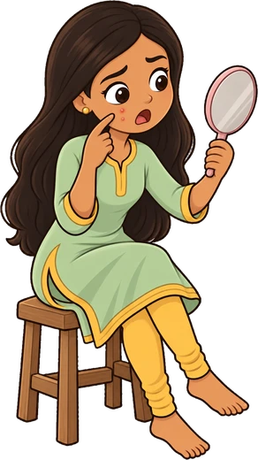 Riya staring at a pimple in her hand mirror