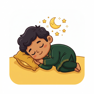 Illustration of a peacefully sleeping child resting on a pillow under a crescent moon and stars, representing restful sleep and sleep support | Buy sleep support ayurvedic wellness medicines from BodyStop