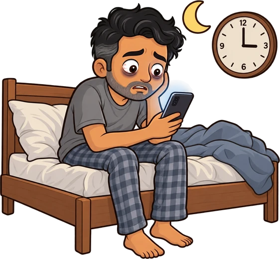 Arjun awake at 3 am scrolling his phone on the bed, unable to sleep