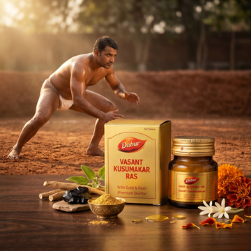 Illustration of a male athlete practicing traditional Indian wrestling alongside Ayurvedic herbs, representing stamina, physical strength, endurance, and sustained energy | BodyStop

