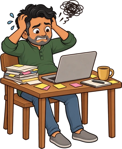 Arjun holding his head in both hands at a laptop surrounded by sticky notes