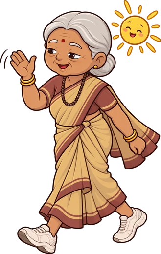 Dadi out on a brisk morning walk in sneakers, waving